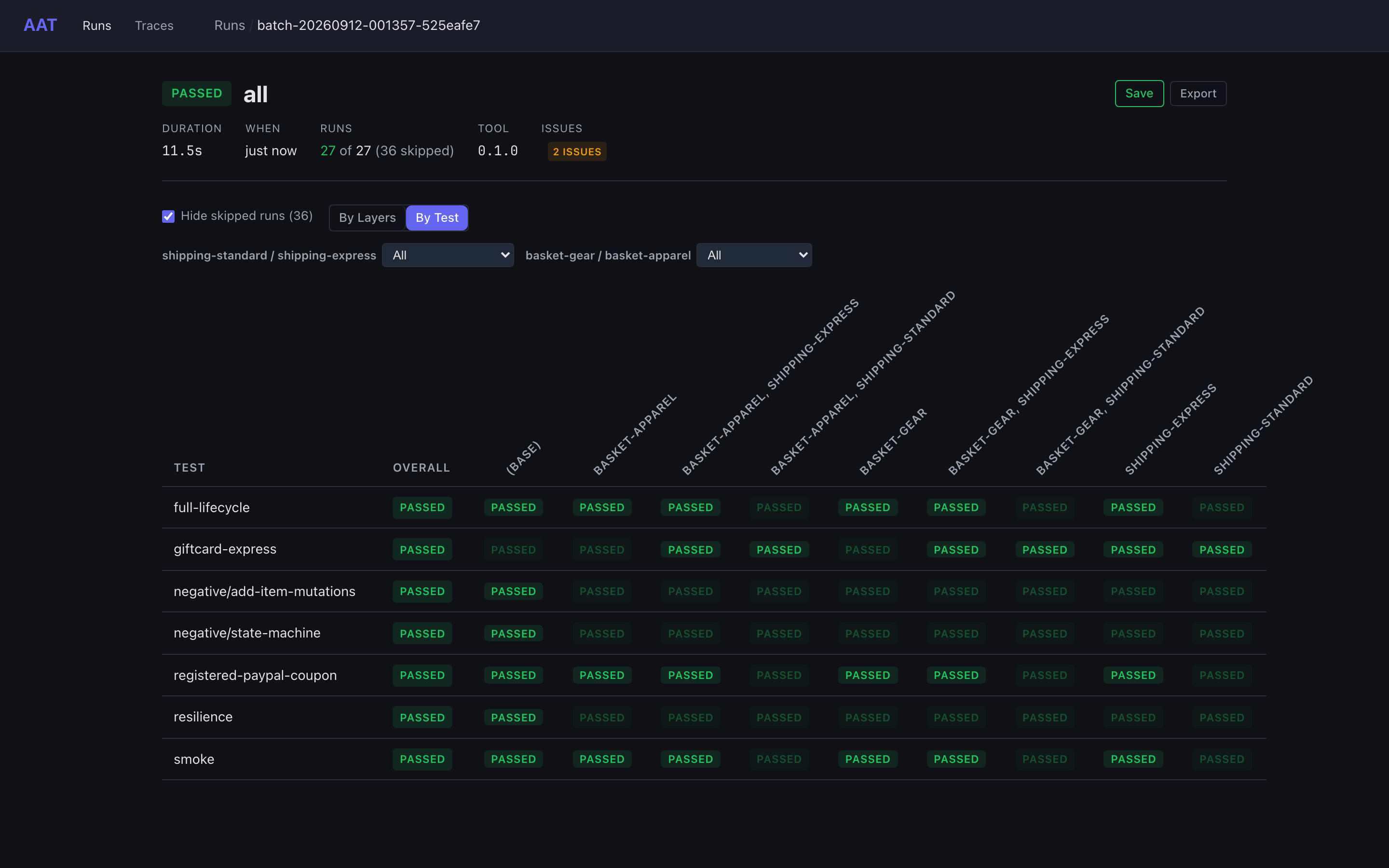 The shop batch in the web UI's By Test view: one row per plan, one column per layer permutation, and a filter for each layer group