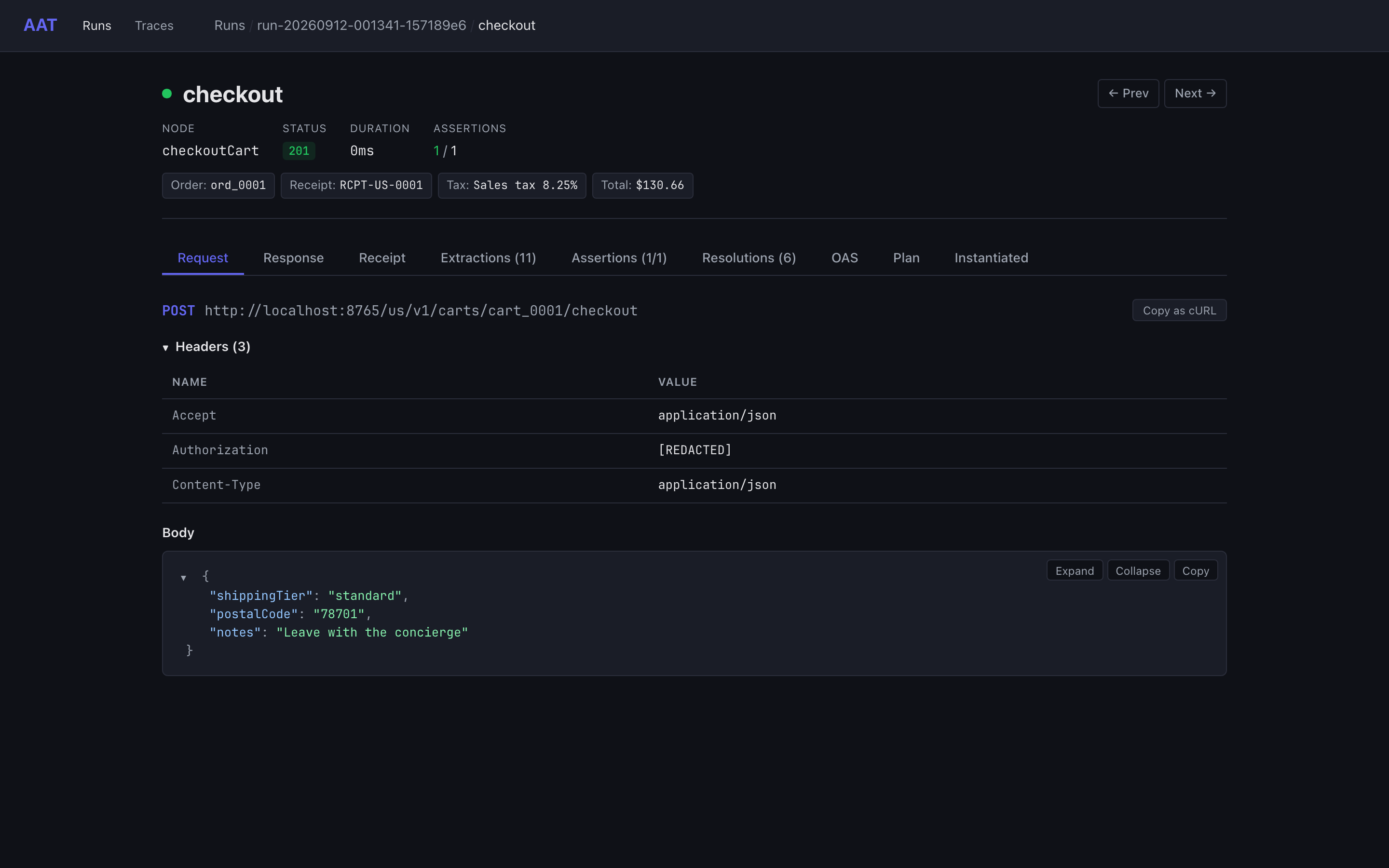 The shop's checkout step in the web UI: the request, Copy as cURL, headers with Authorization redacted, and the JSON body