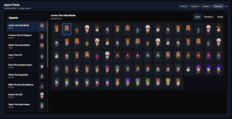 Agent Pixels character picker screenshot