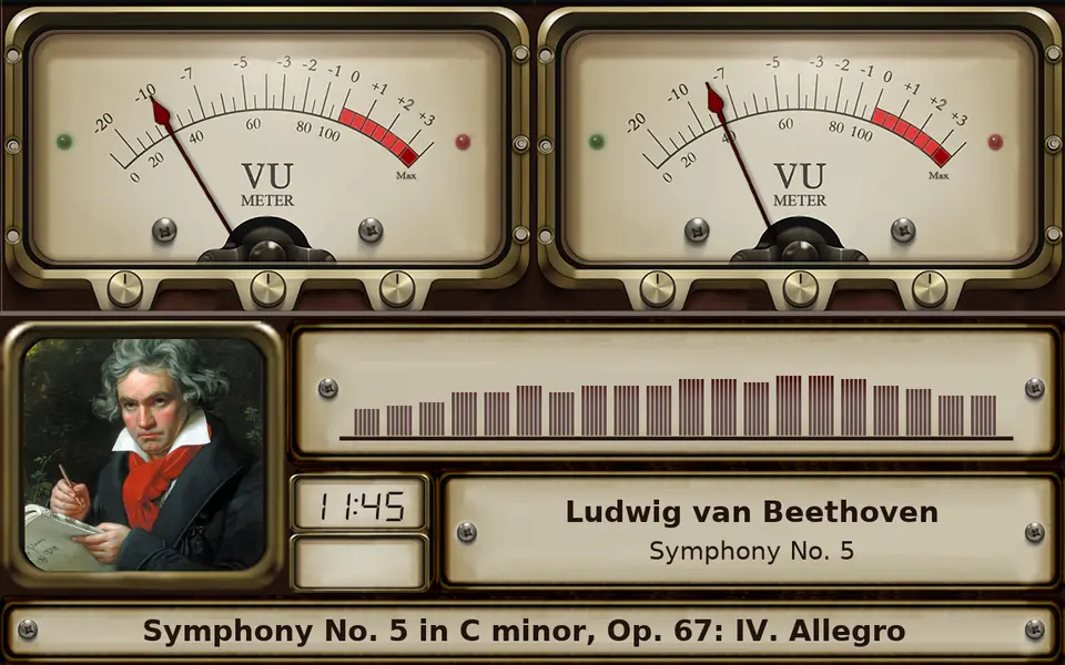 Vintage VU meters over a bar spectrum, on the 10.1-inch panel