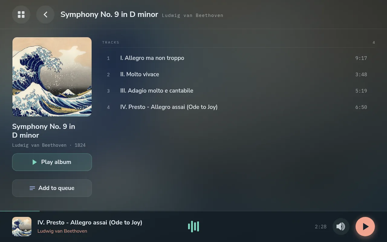 An album page in the library, with Play album and Add to queue