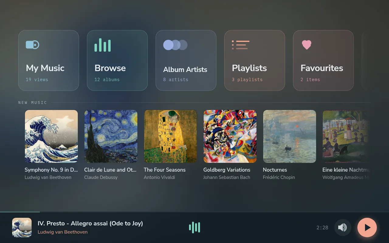 The library home: My Music, Browse, Album Artists, Playlists, Favourites and new music