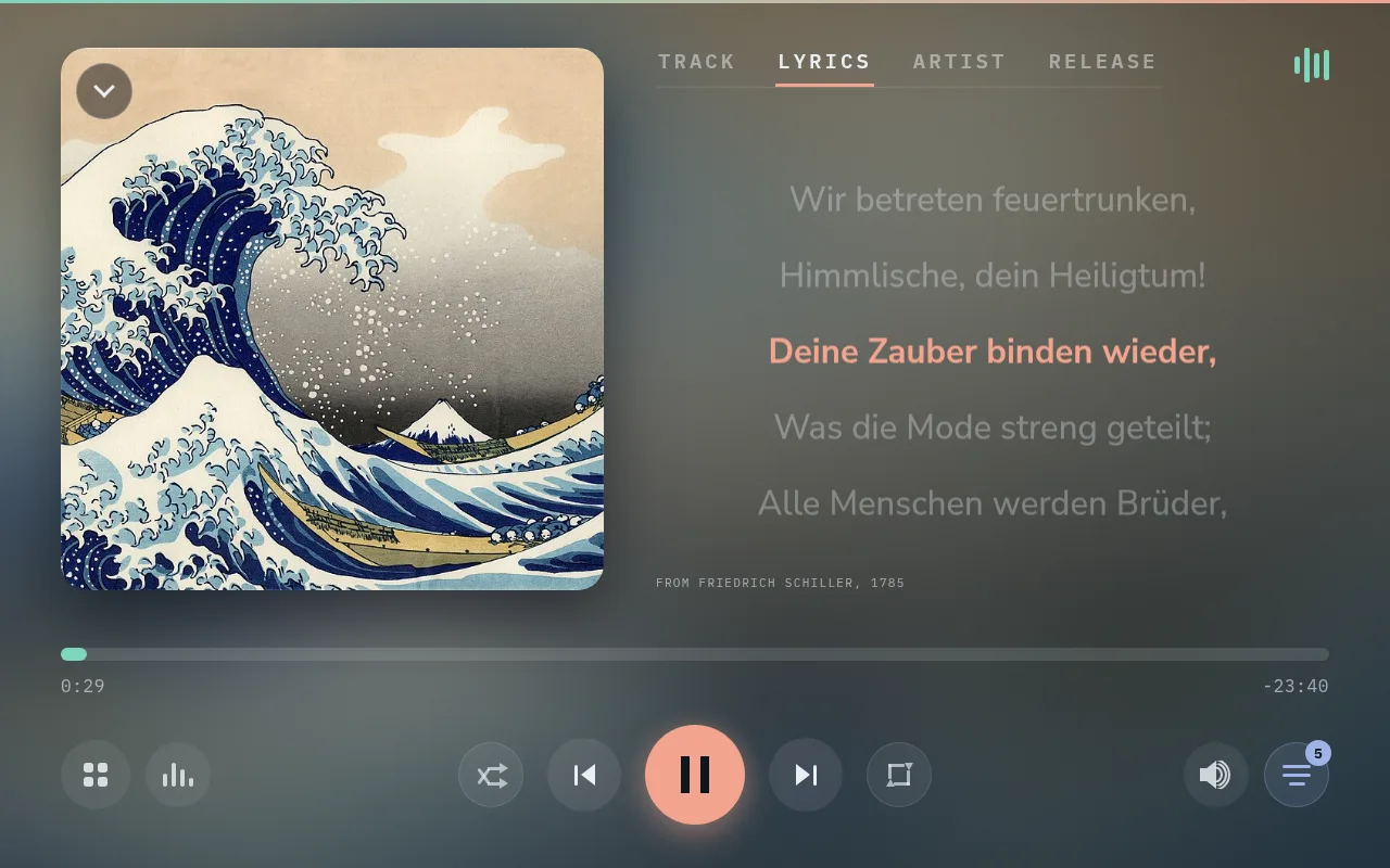 Lyrics on the panel, the current line highlighted