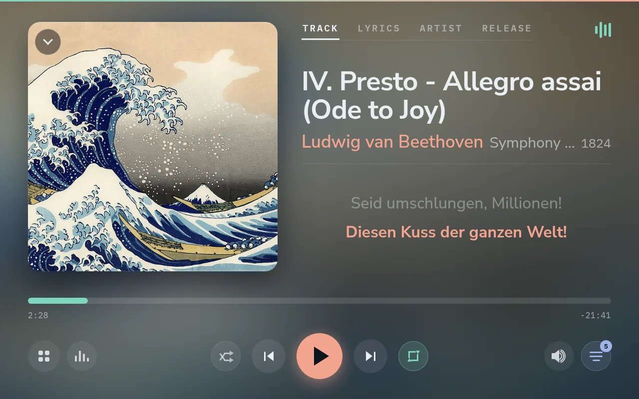 Now playing on the 10.1-inch panel: artwork, title, artist and the current lyric line