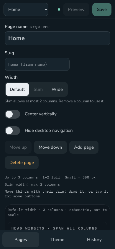 The page editor on a phone