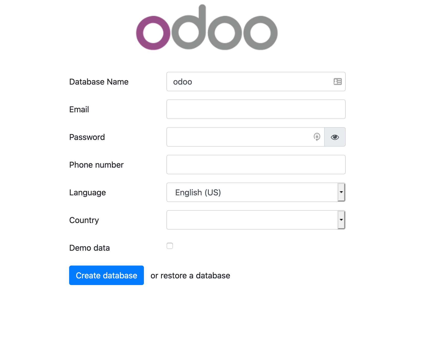 create database odoo