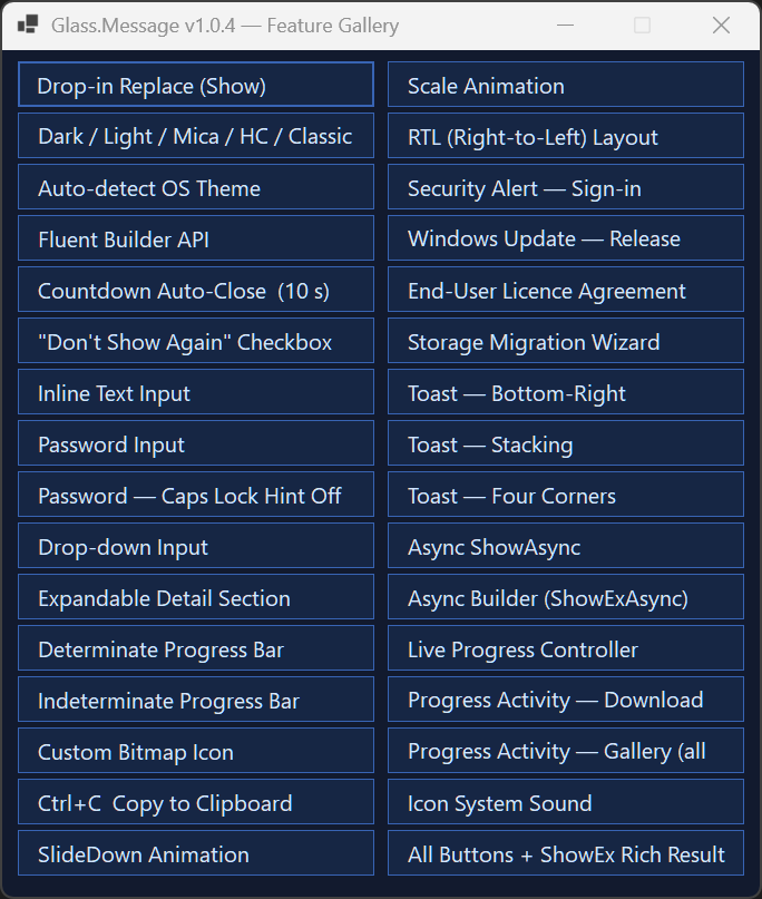 Glass.Message feature gallery β modern Windows 11 styled WinForms dialog