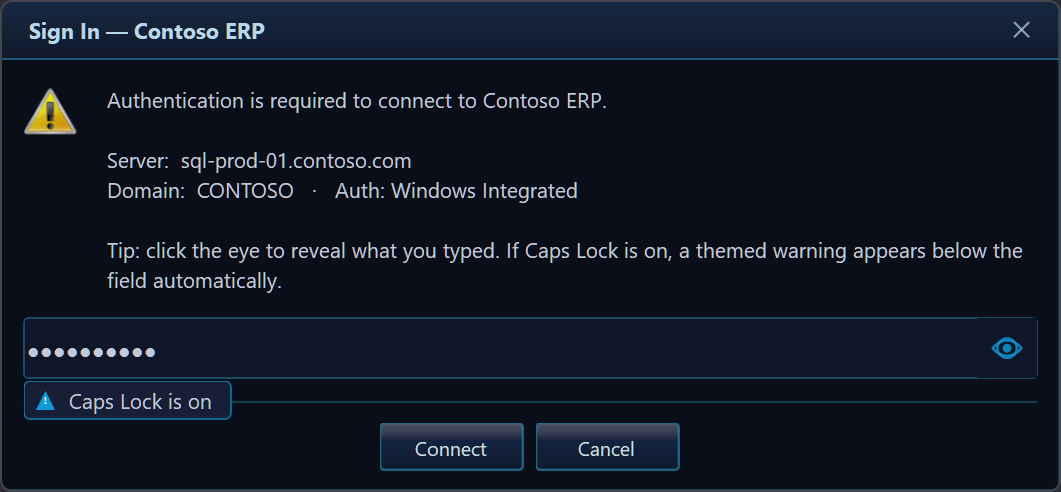 Password input dialog with reveal-eye button and Caps Lock hint