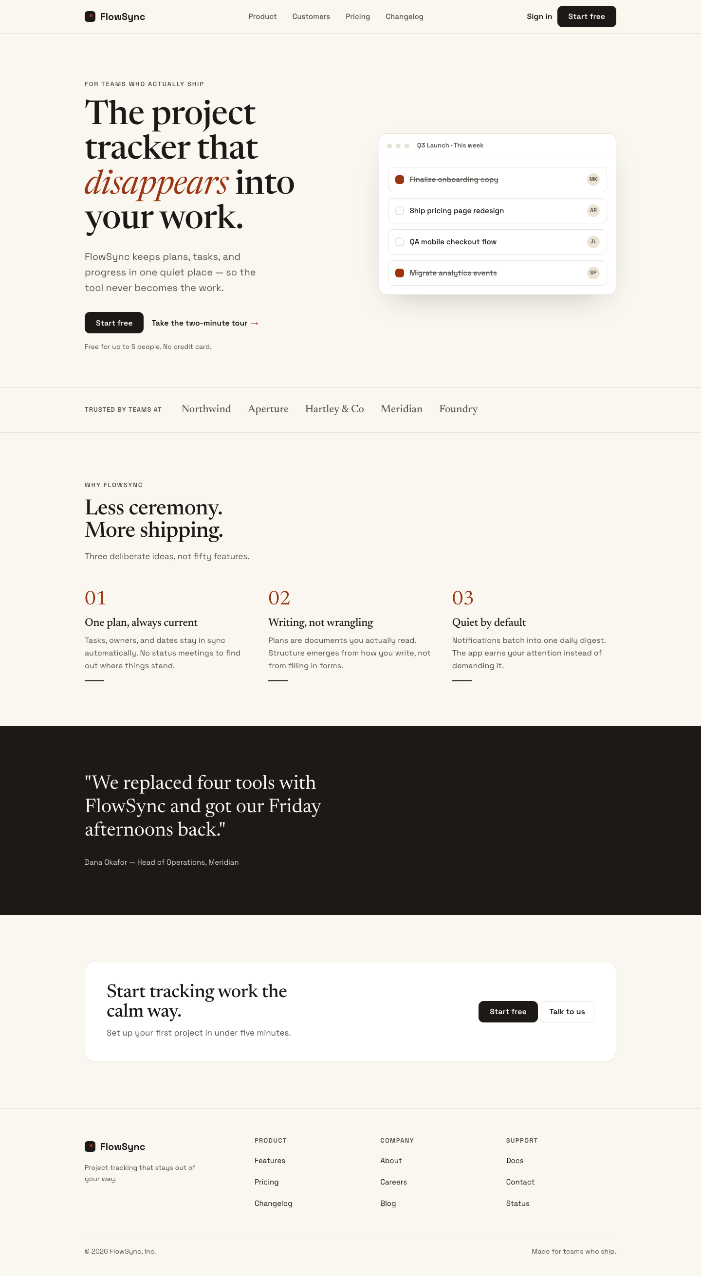 Redesigned SaaS page with editorial typography, a warmer palette, a product mock, and cleaner hierarchy
