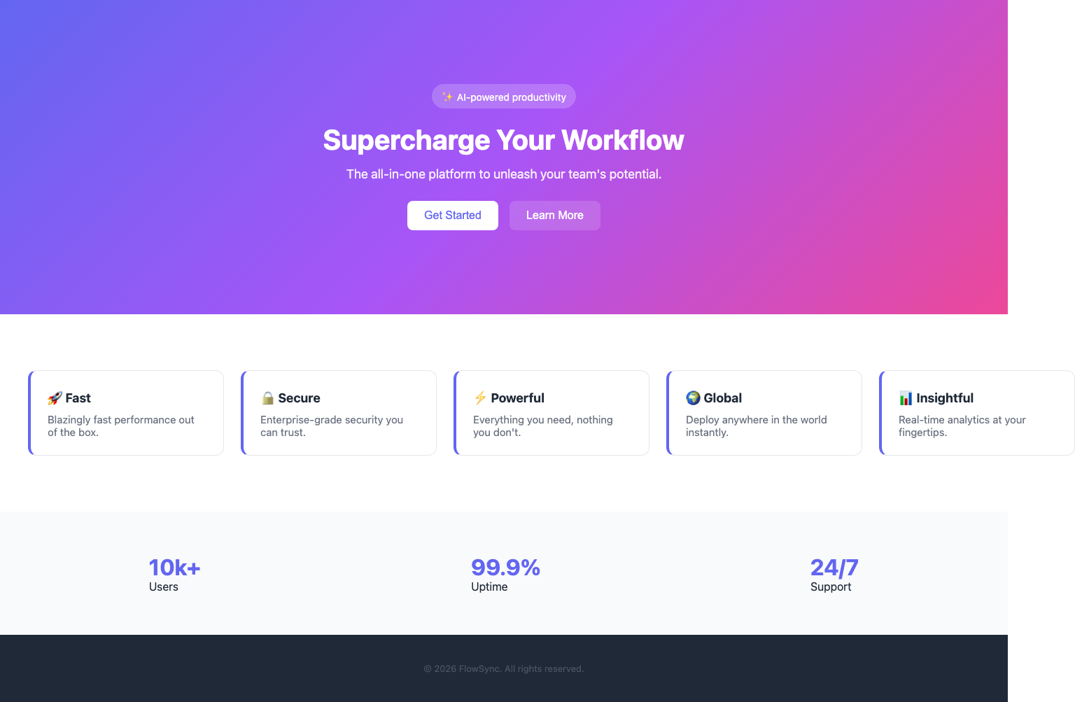 Generic AI SaaS page with a purple gradient hero, emoji cards, fake stats, and low contrast footer text