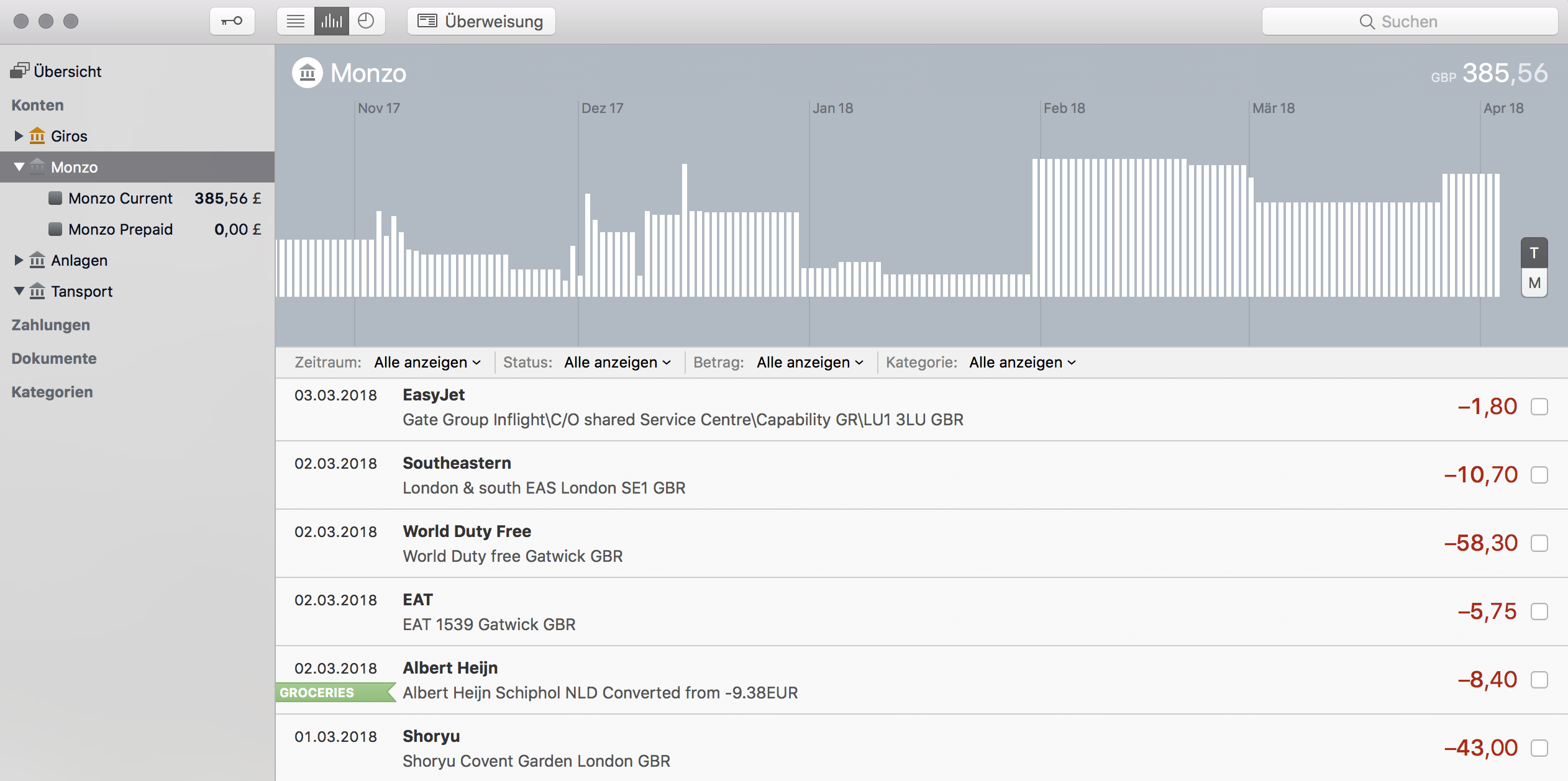 MoneyMoney screenshot with Monzo accounts