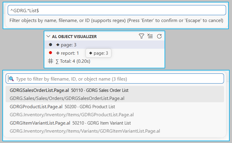 Search & filter — regex filter with live counts and quick-pick navigation