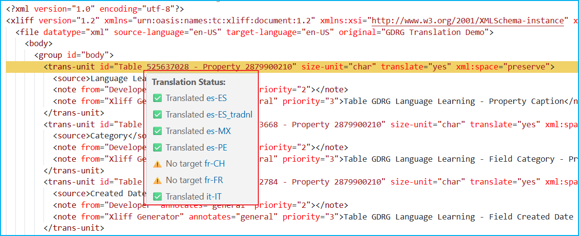 Hover tooltip showing translation status