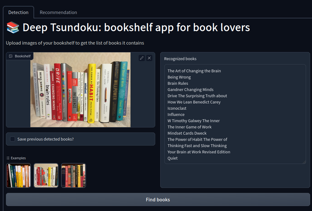 screenshot showing app with bookshelf image upload on the left, find books button on the bottom, and recognized books output on the right