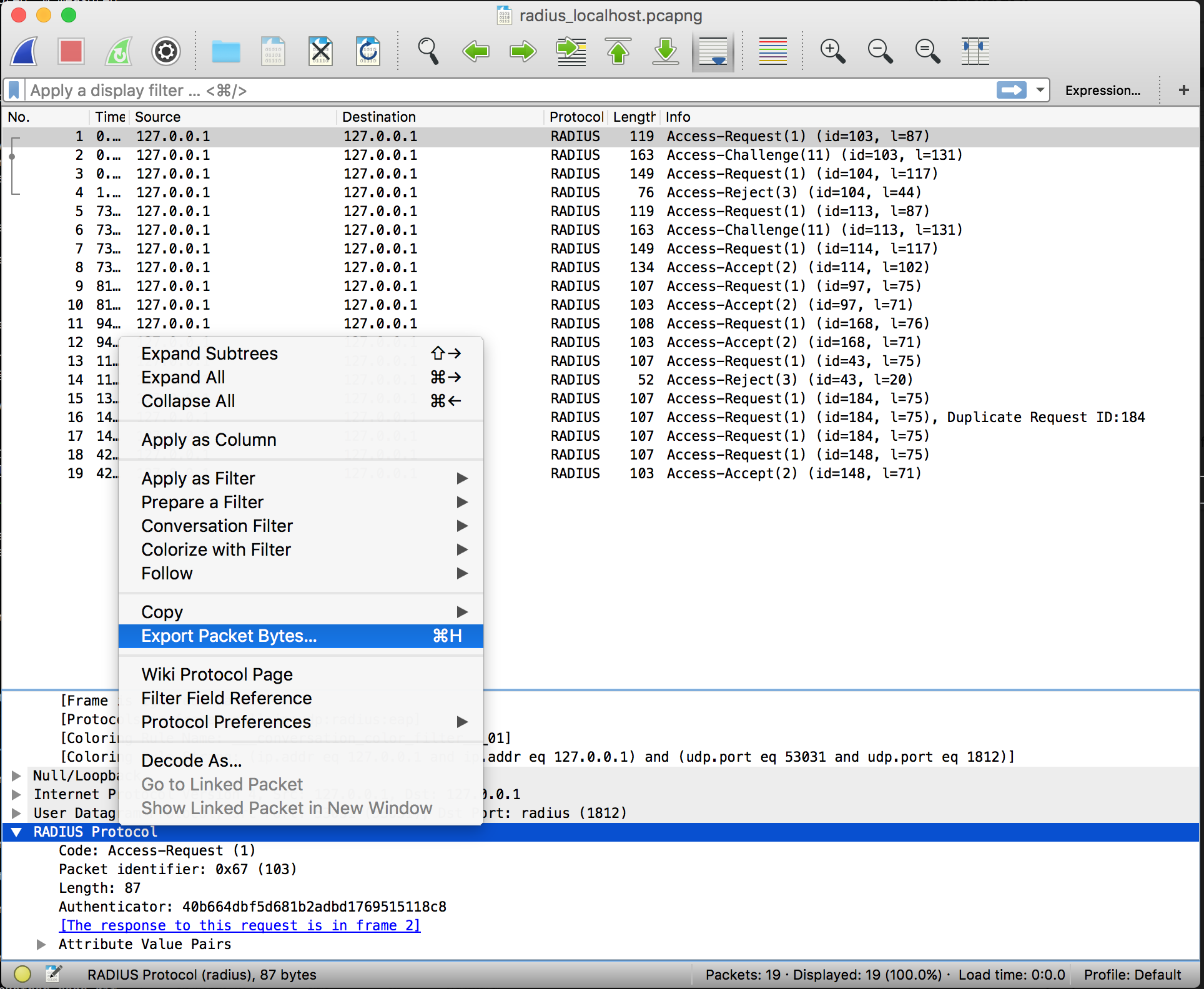 export packet data from Wireshark