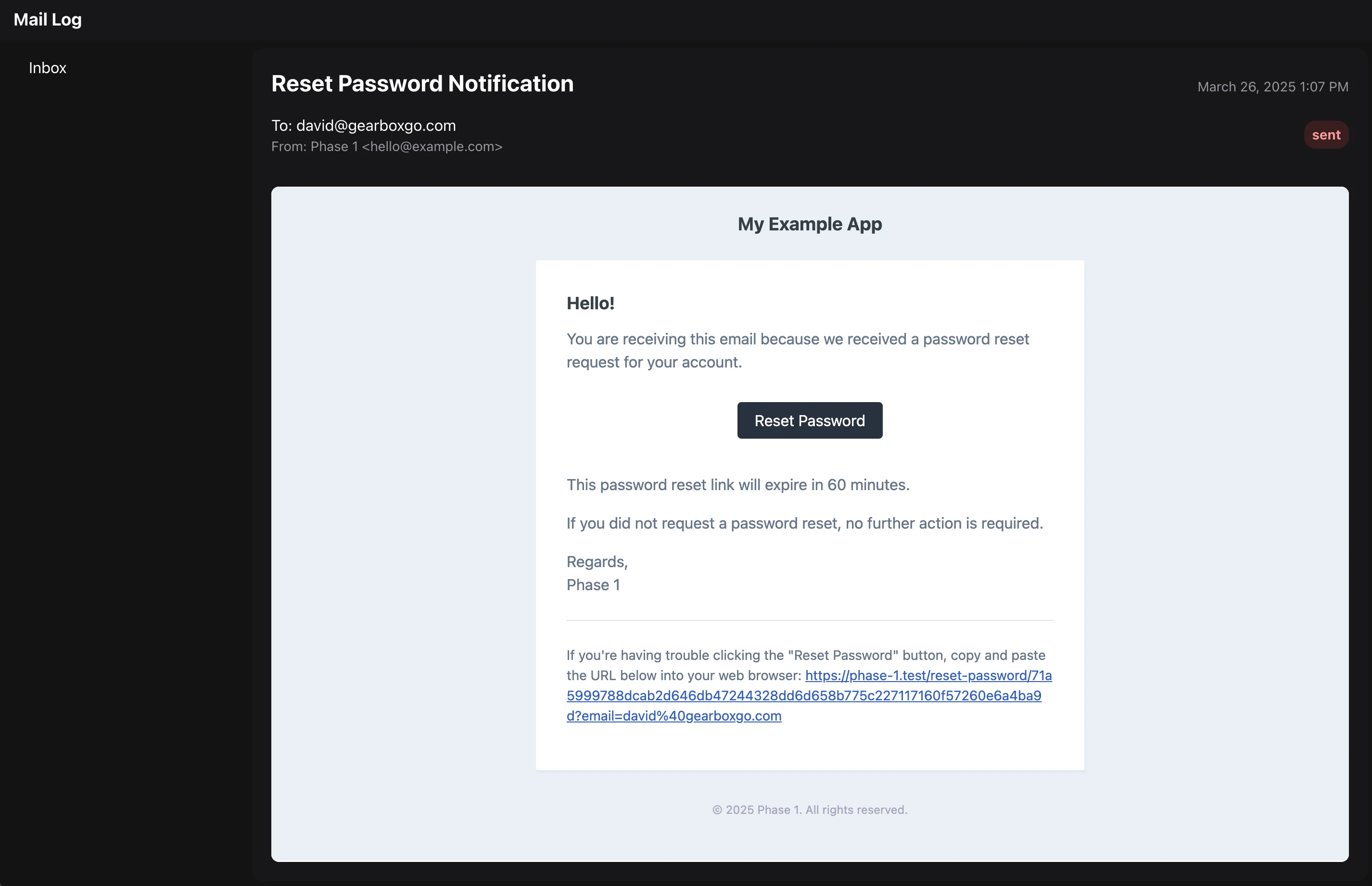 An example list view of sent email in the Mail Log package