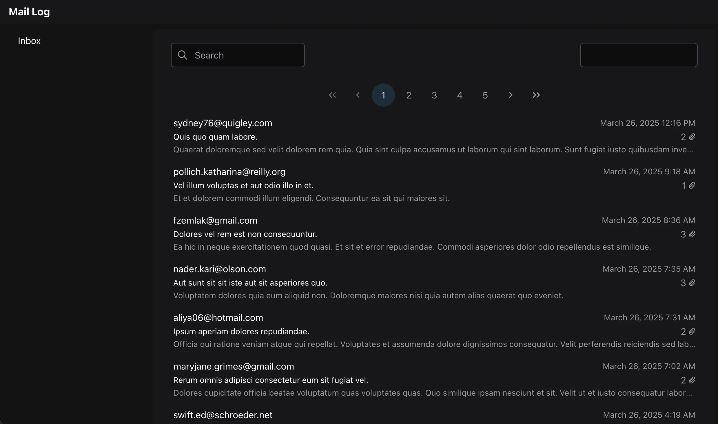 An example list view of sent email in the Mail Log package