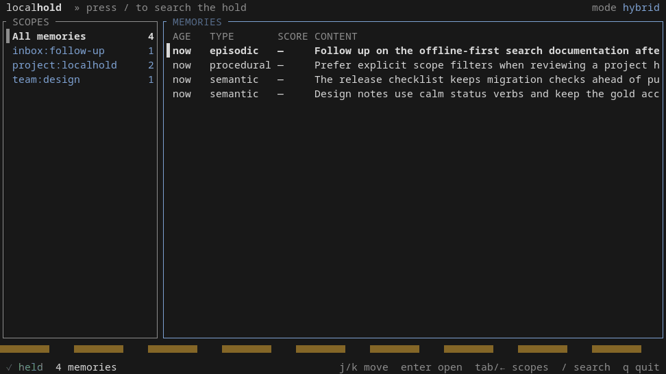hold ui browse, keyword search, and memory detail views with scoped memories