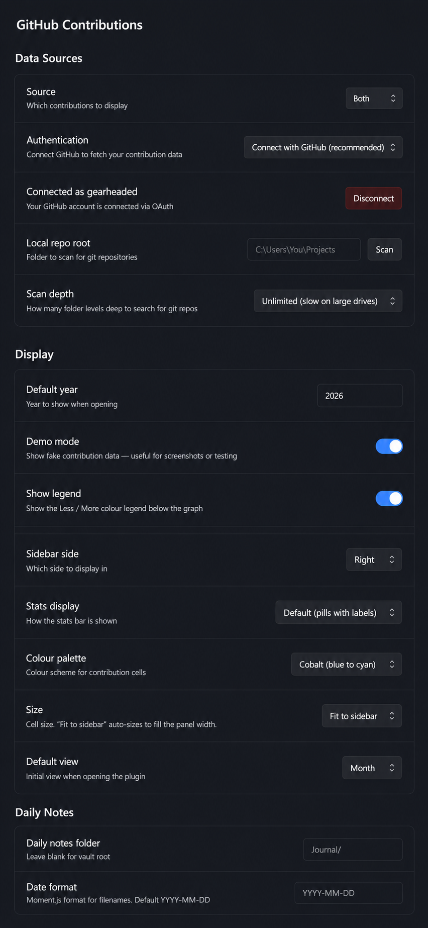 Settings page