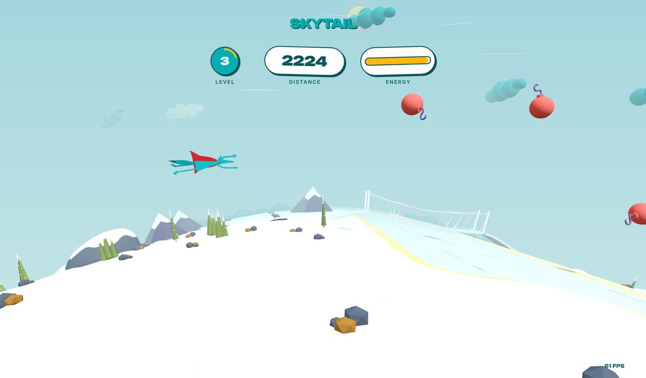 Level 3: snow, mountains and a suspension bridge in winter.