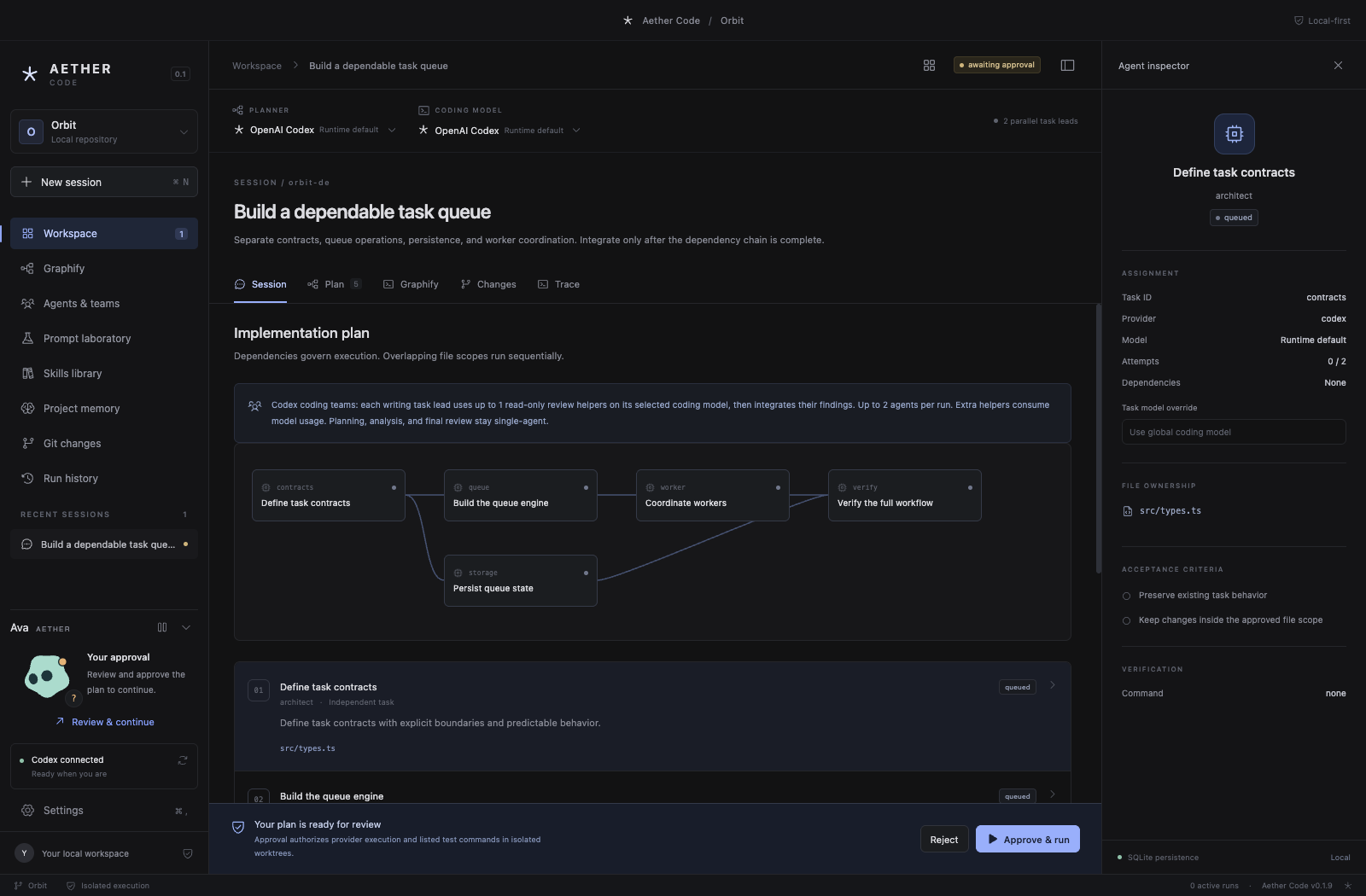Aether Code desktop workspace with project navigation, agent activity and a task inspector