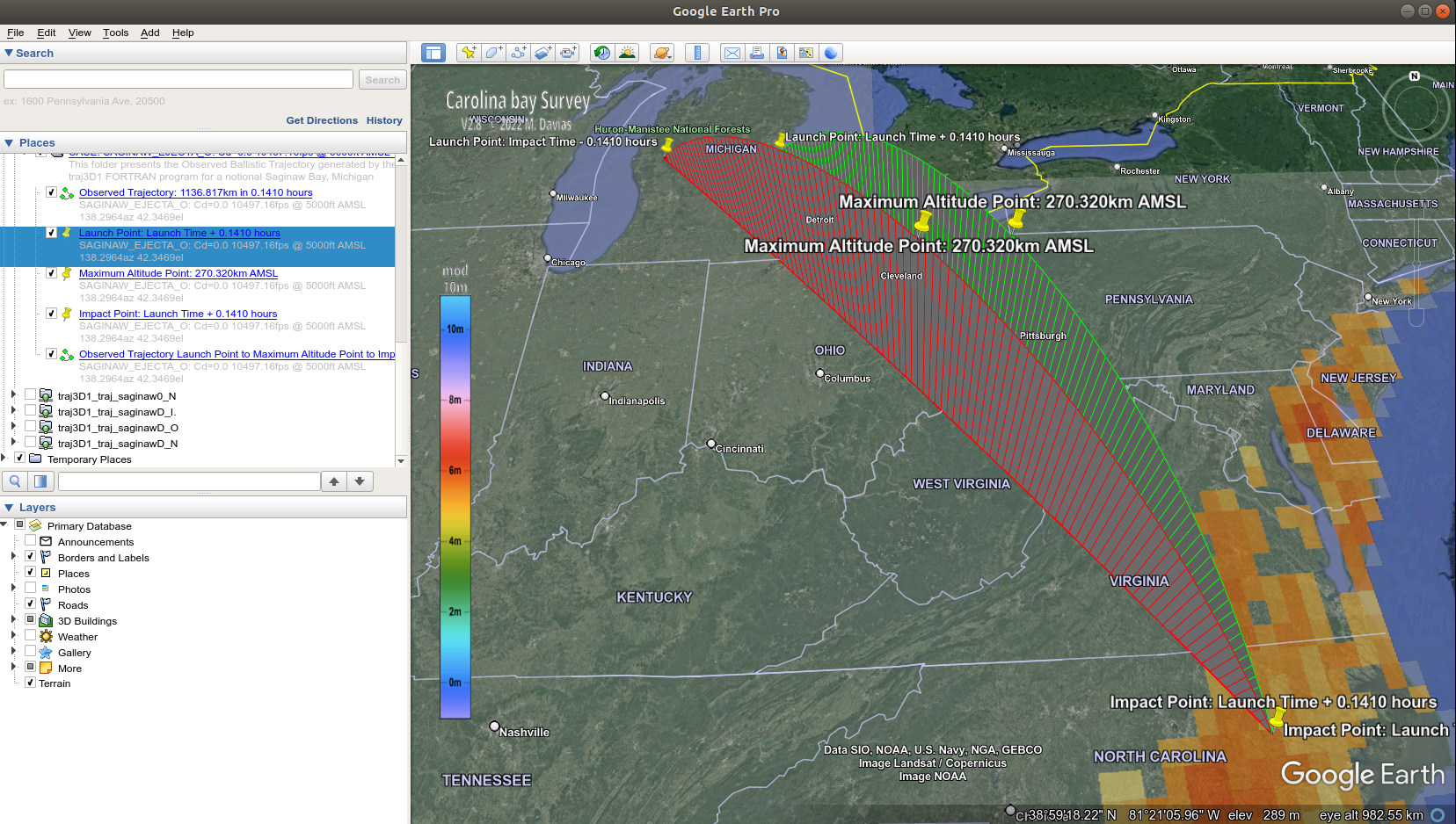 traj3D1 generated ballistic trajectories displayed in Google Earth Pro