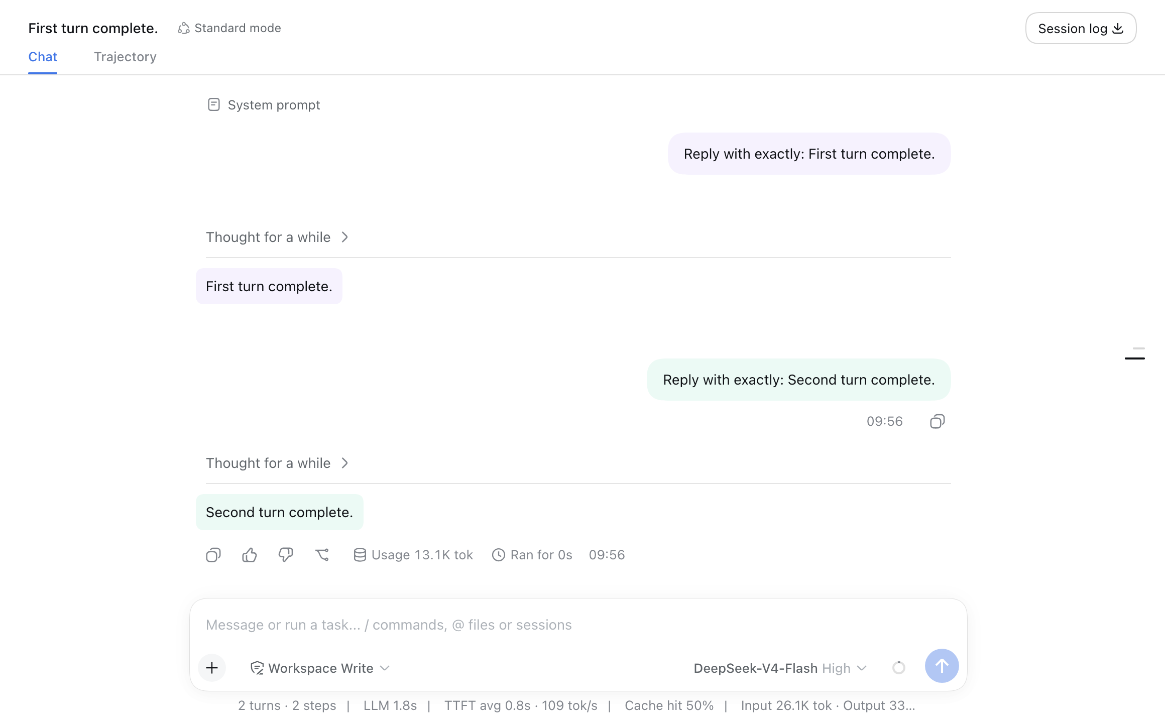 DeepSeek Harness conversation with matching colors on each user message and final Assistant reply.