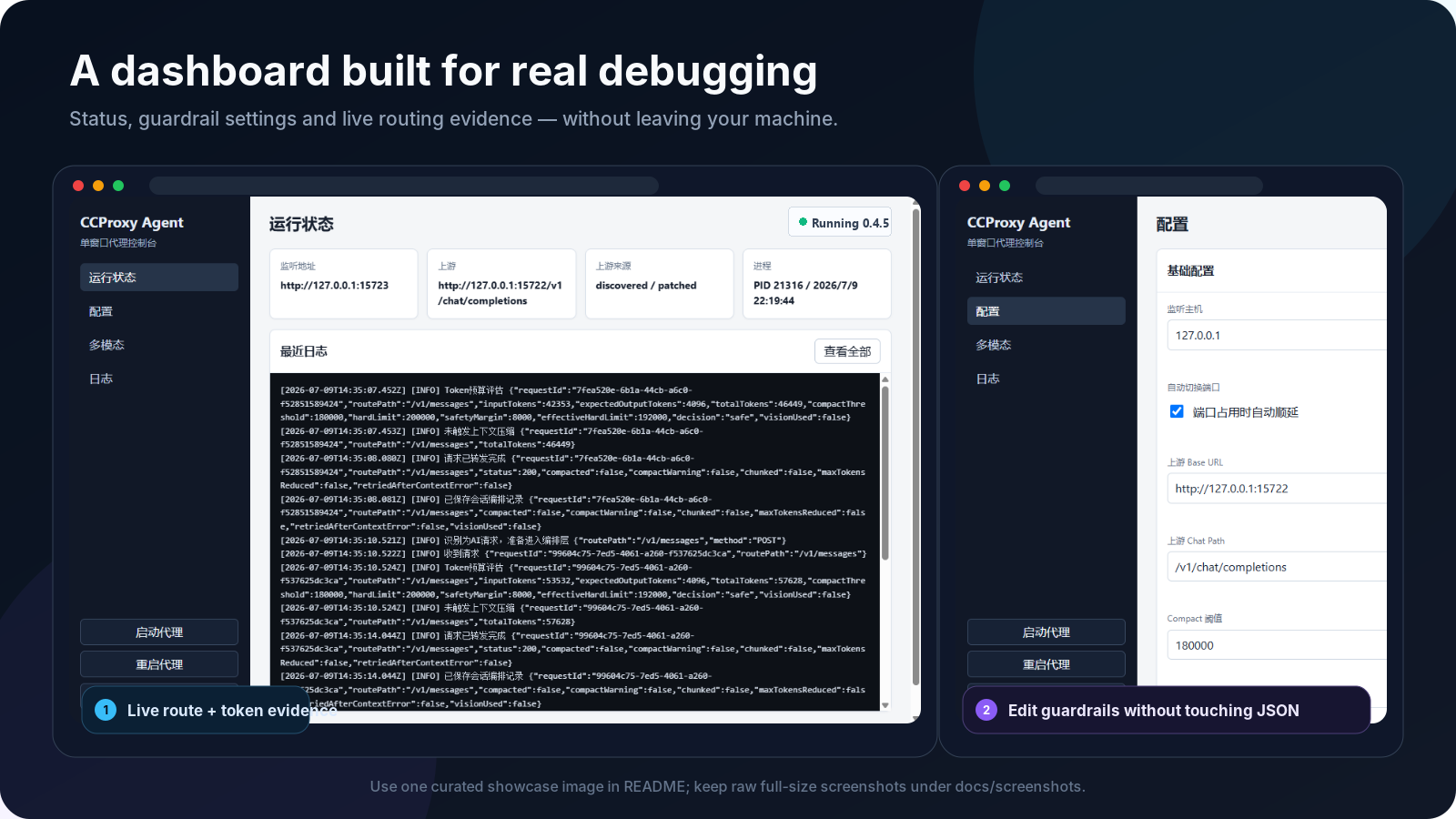 CCProxy Agent dashboard showing runtime status, guardrail settings, and live routing logs