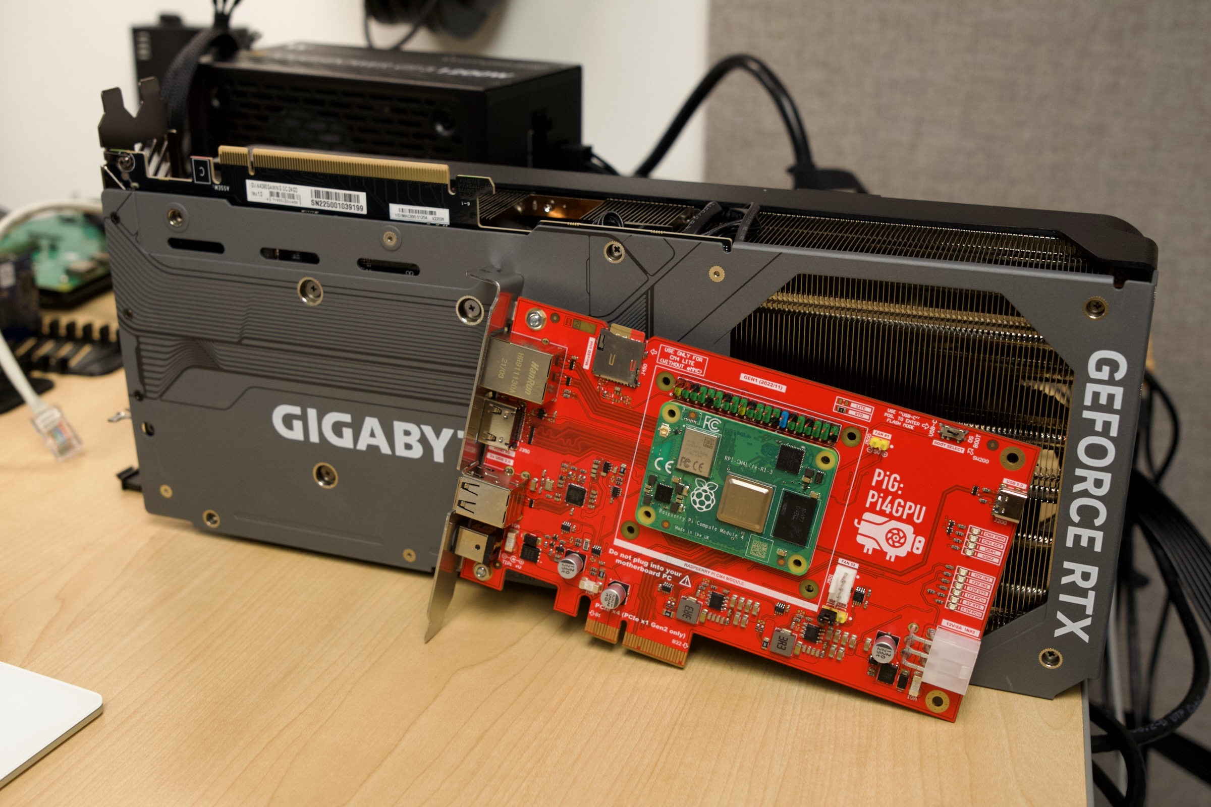 Pi4GPU with Raspberry Pi Compute Module 4 in front of Nvidia GeForce RTX 4090