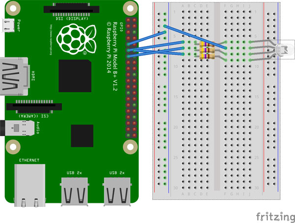 Raspberry Pi Dramble - RGB LED breadboard circuit diagram in Fritzing