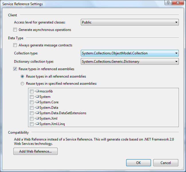 Service Reference Settings