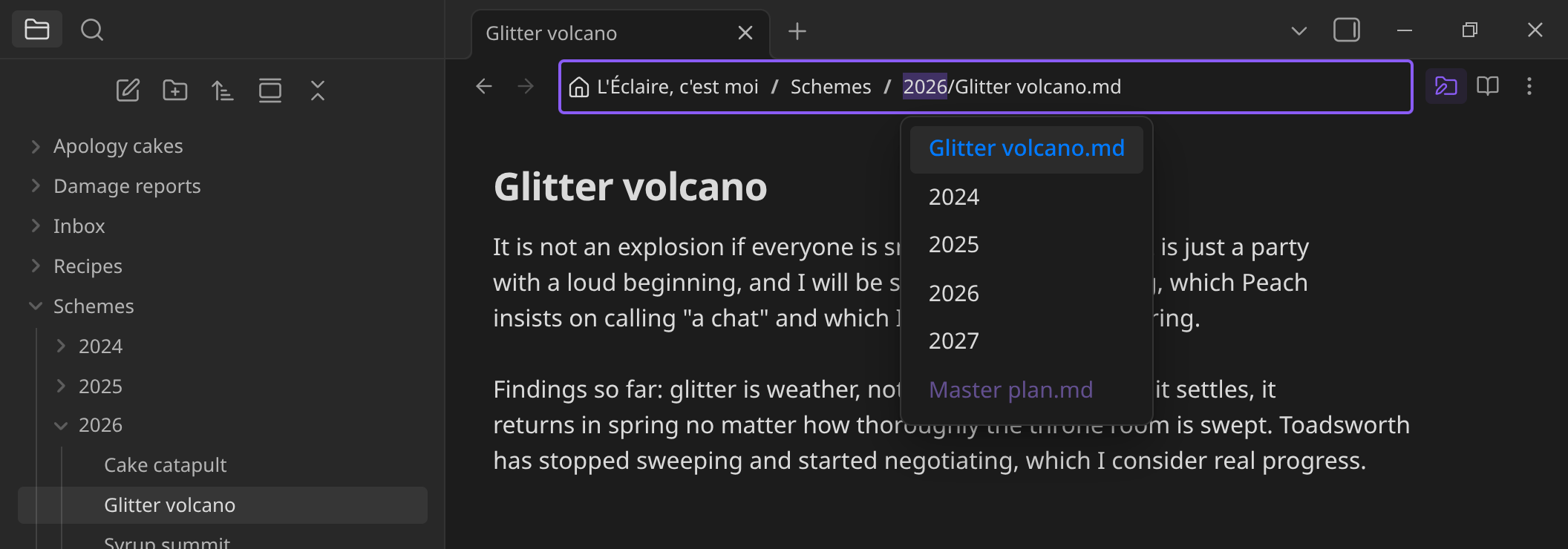 The same dropdown in move/rename mode: the current filename pinned at the top, sibling folders below it, and existing notes greyed out