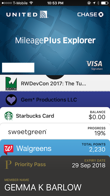 Passbook card displayed in wallet