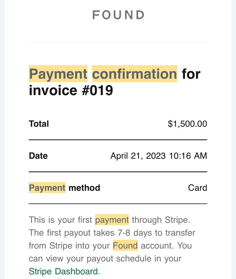 Payment confirmation, $1,500, April 21, 2023