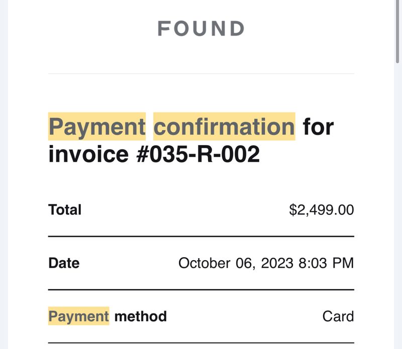 Payment confirmation, $2,499, October 6, 2023