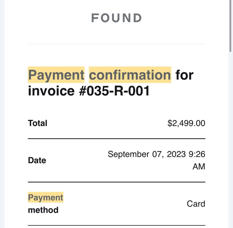 Payment confirmation, $2,499, September 7, 2023