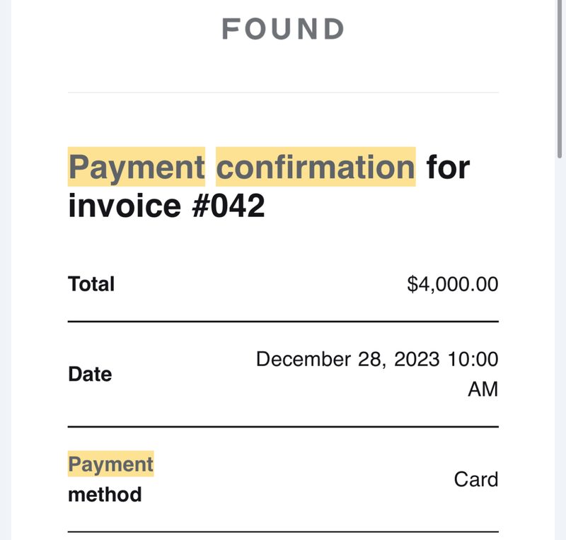 Payment confirmation, $4,000, December 28, 2023