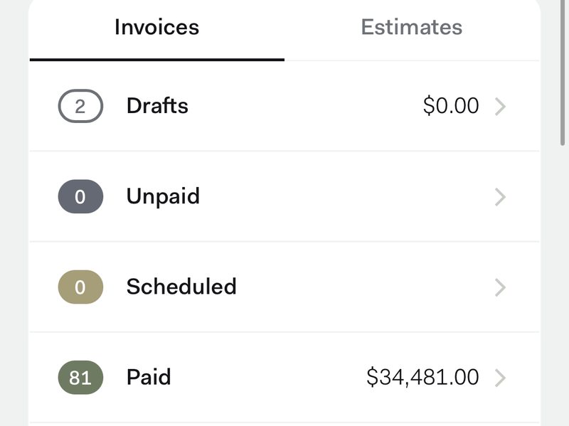 Invoicing app summary: 81 paid invoices, $34,481