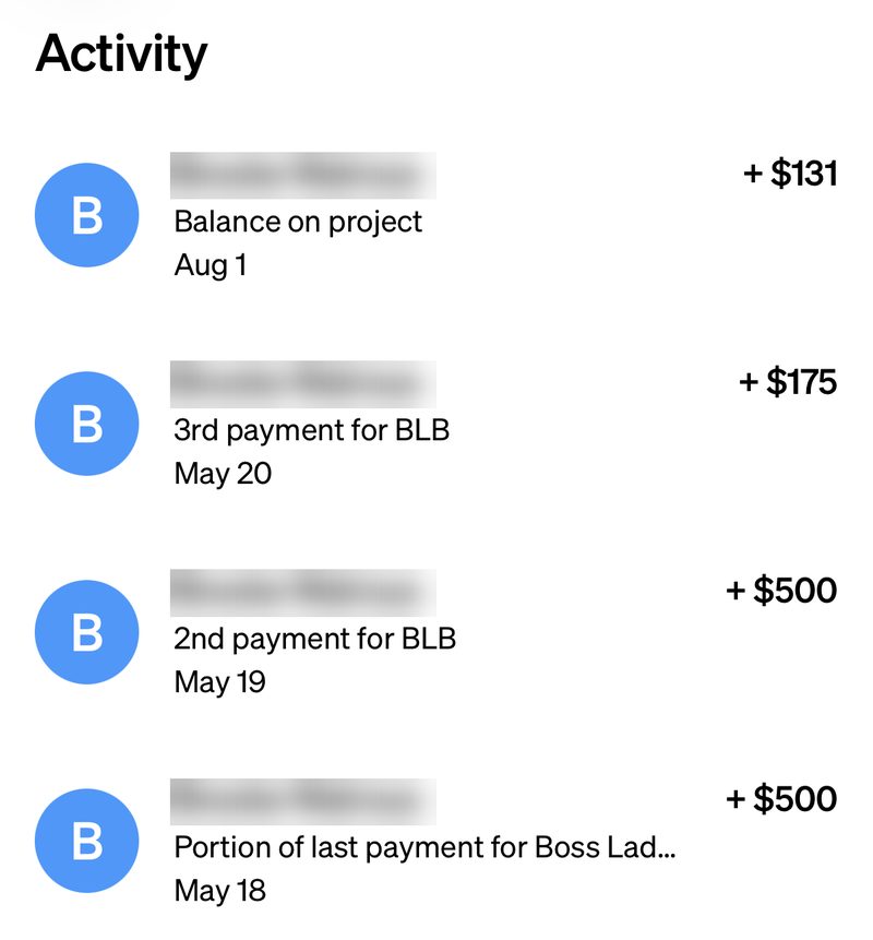 Client payments of $500, $500, $175 and $131 in 2026