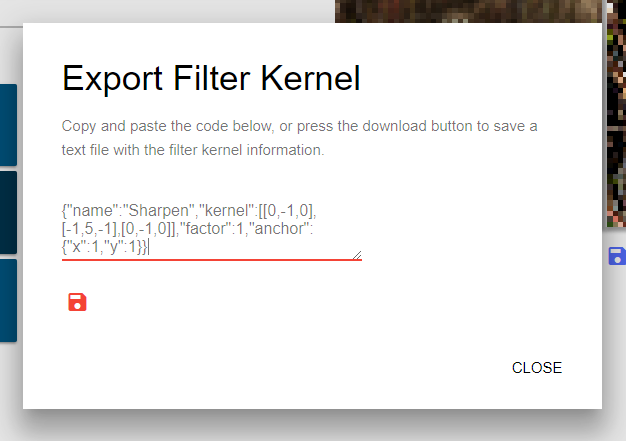 Filter kernel export dialog