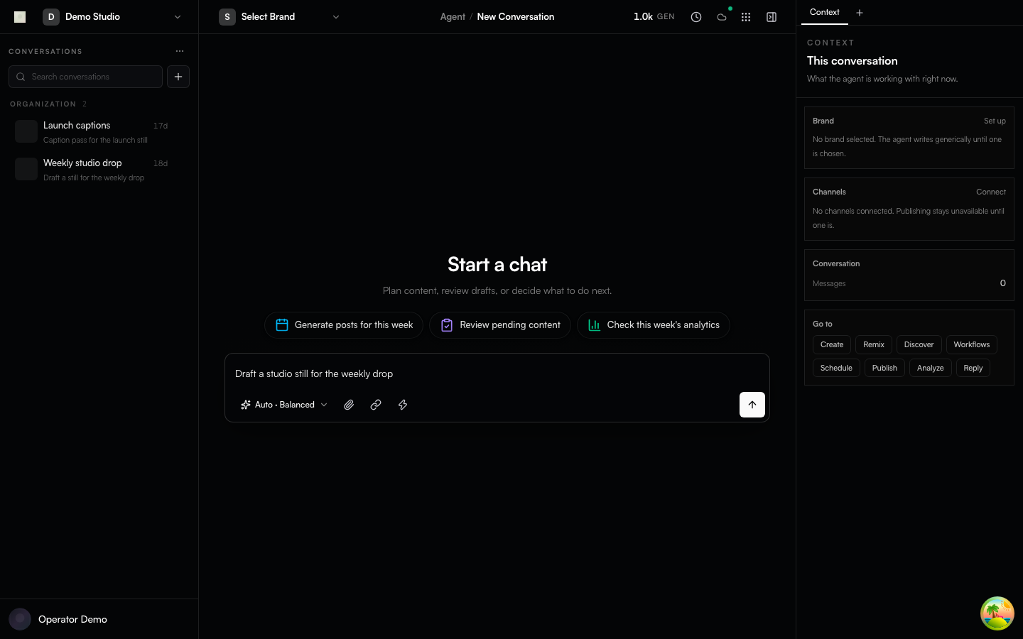 Agent conversation shell in a mocked Community workspace