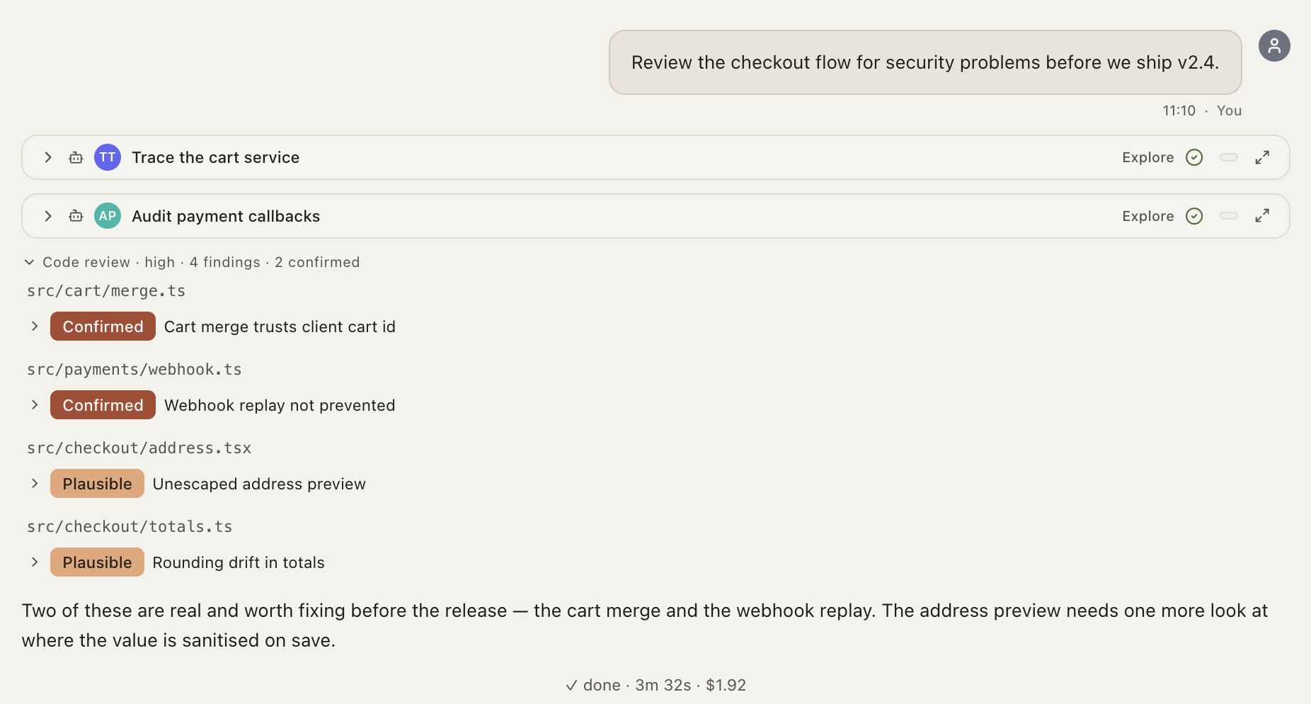 A code review reported as a card, grouped by file, each finding with a verdict, below two sub-agent blocks