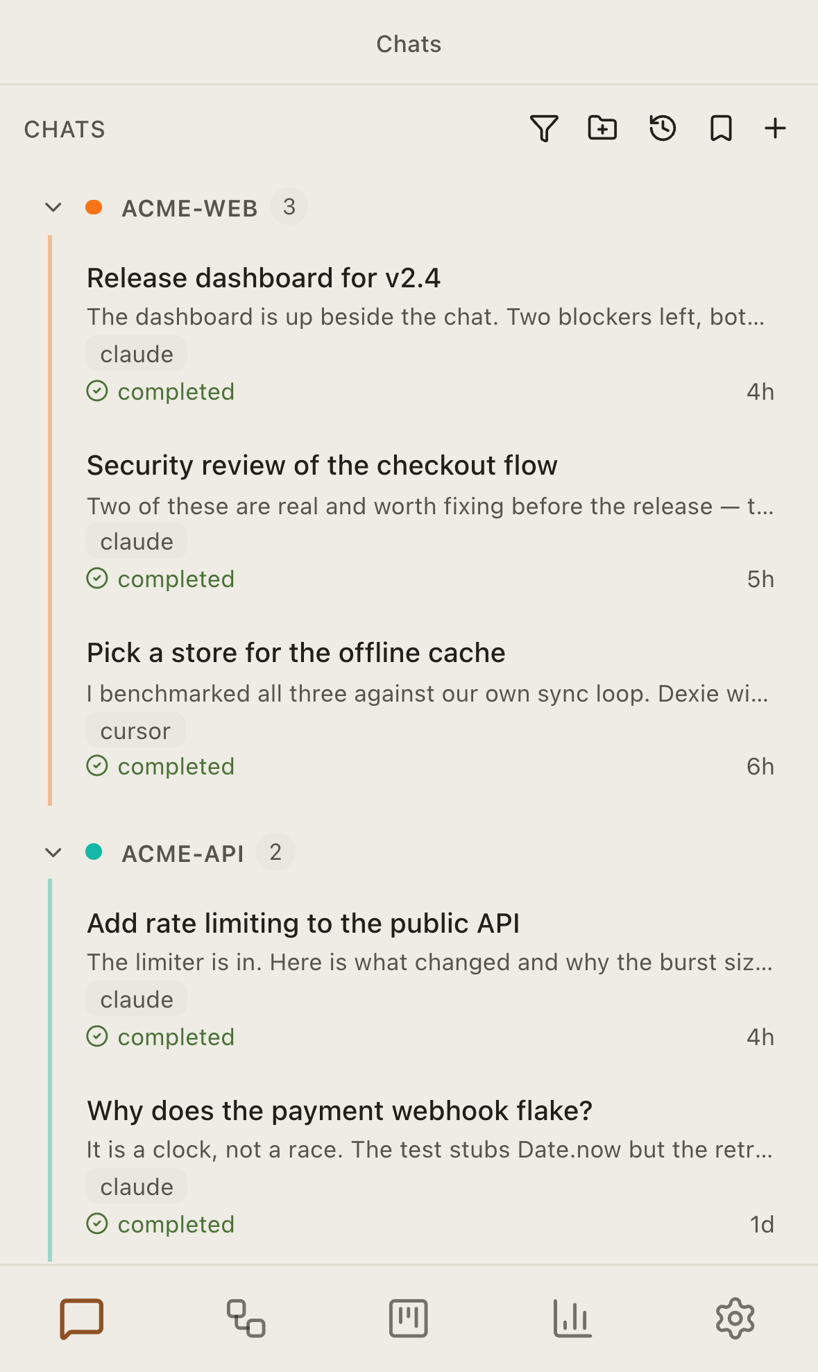 The chat list on a phone, grouped by project, above the bottom tab bar