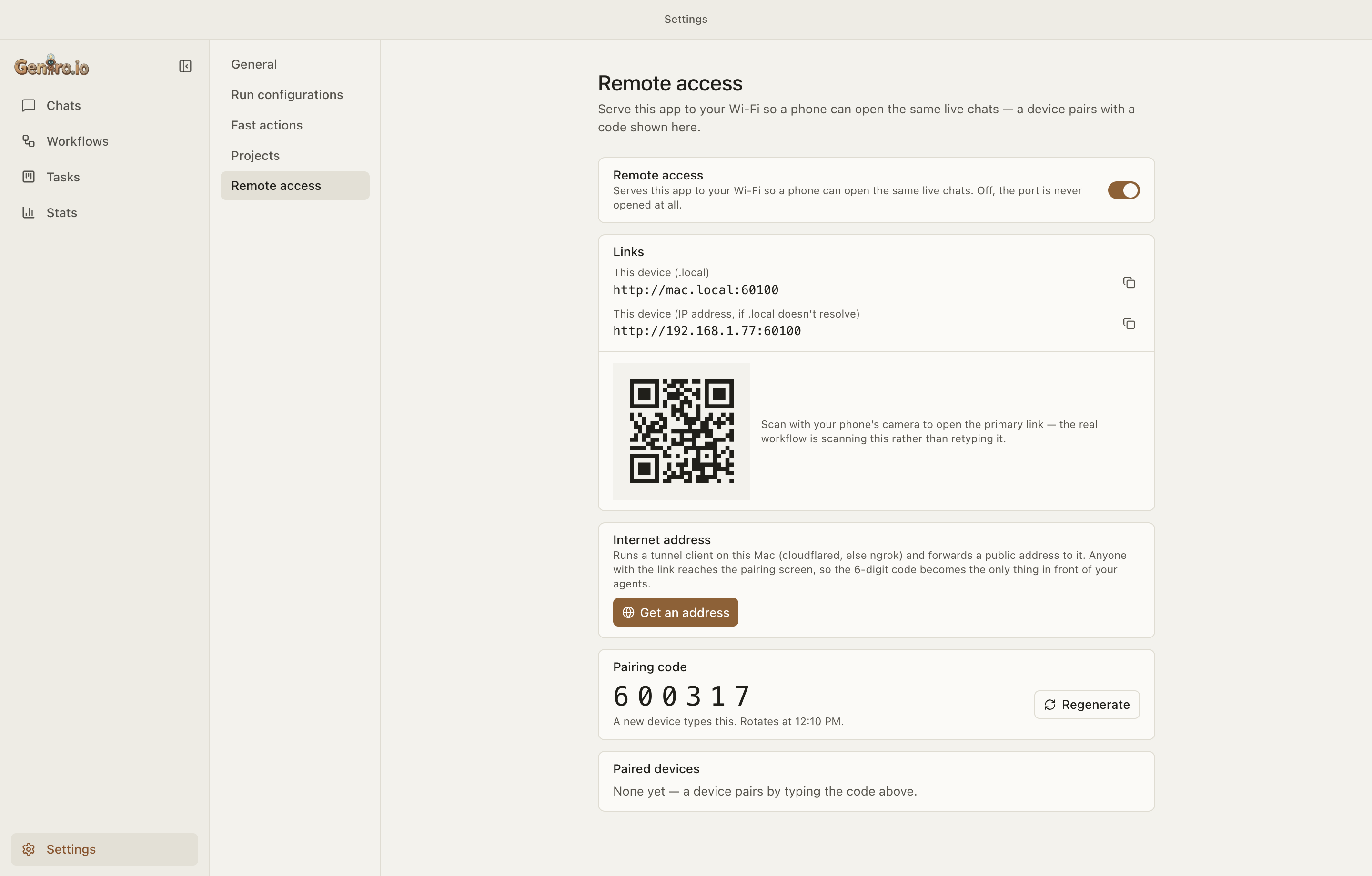 Settings, Remote access: the Wi-Fi links, a QR code, the internet address button and the pairing code