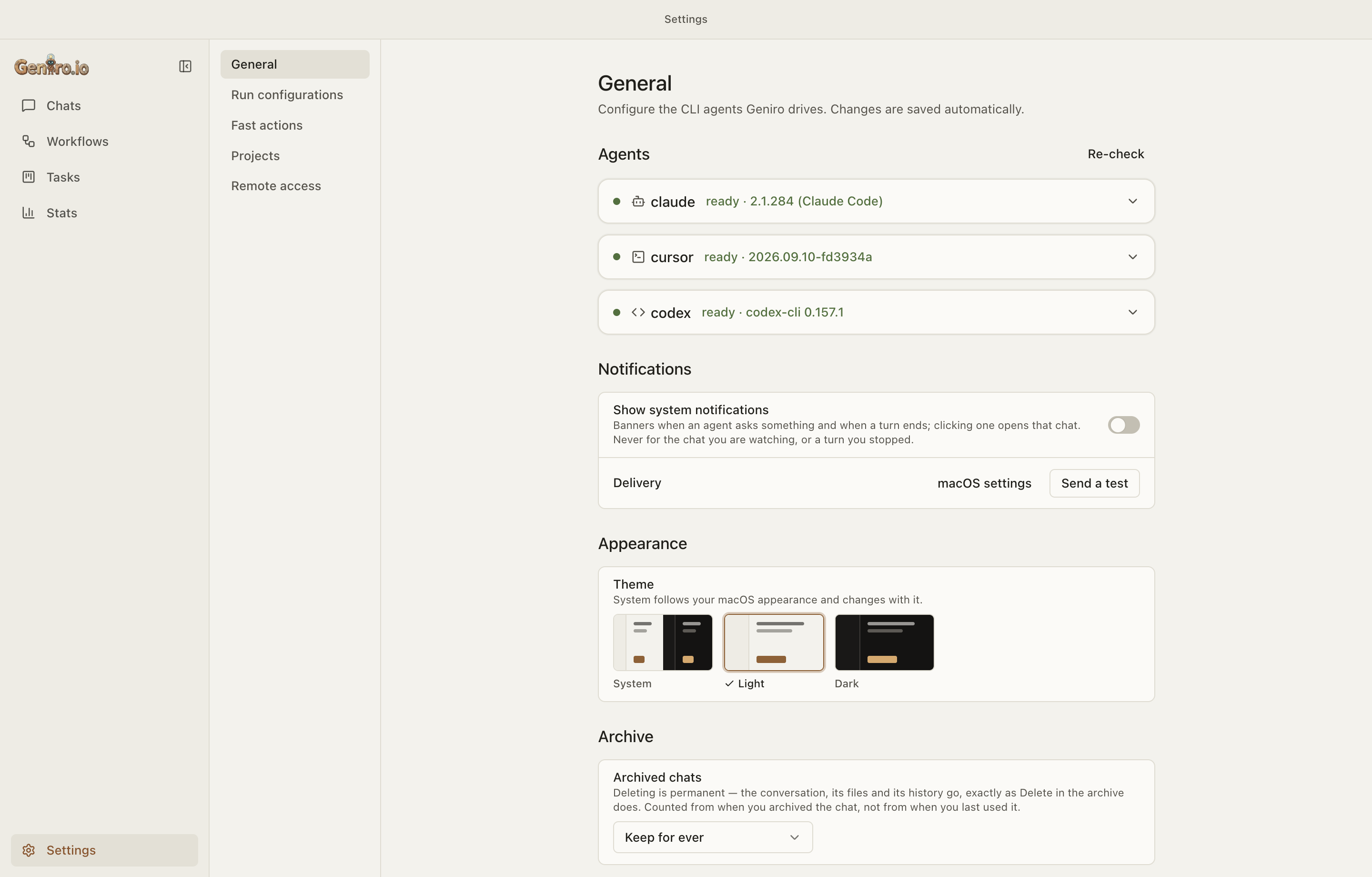 Settings: the three agent CLIs detected with their versions, notification delivery, theme and archive retention
