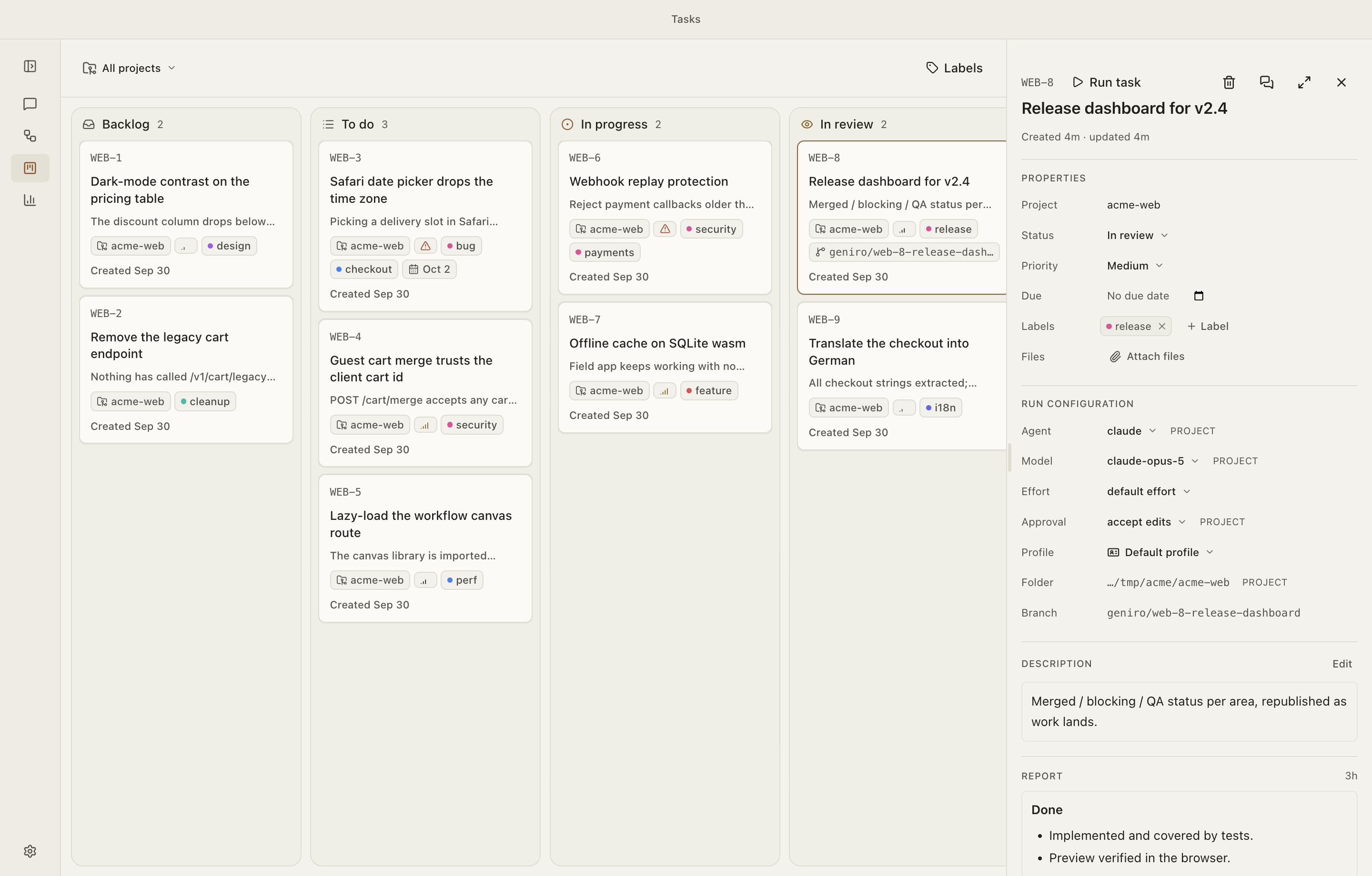 The tasks board with a card open: its properties, the run configuration it will use, its description and the report the agent wrote