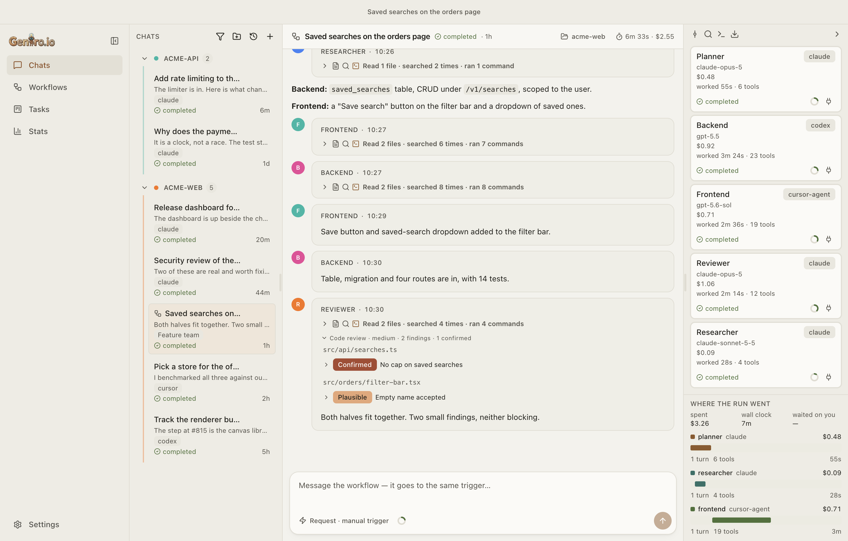 A finished workflow run: each agent's messages and tool calls in one transcript, and the agents panel with every node's model, spend, time and tool count