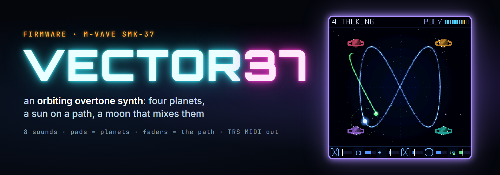 Vector37 banner: the name in glowing letters beside the orbit screen, a figure-eight path with a moon and four coloured planets in the corners