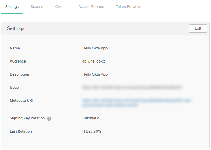 Hello Okta App Authorization Server Settings