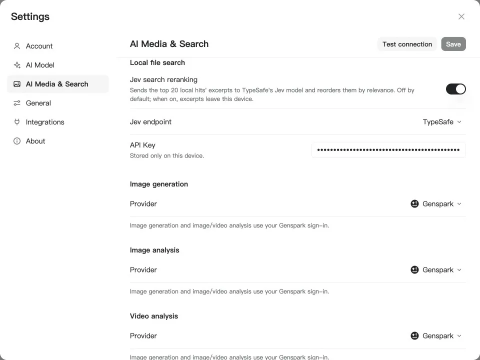 GenOffice Settings, AI Media & Search page: the Local file search block with the Jev search reranking switch, the endpoint choice between OpenRouter and TypeSafe, and the API key field